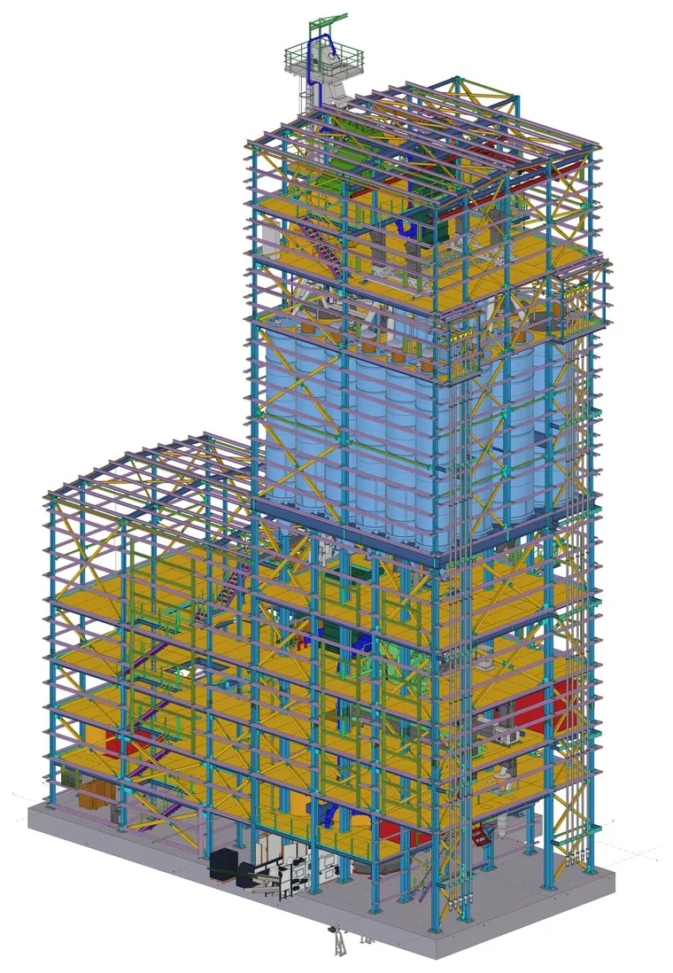 Vista del conjunto con los silos interiores y las plataformas de mantenimiento